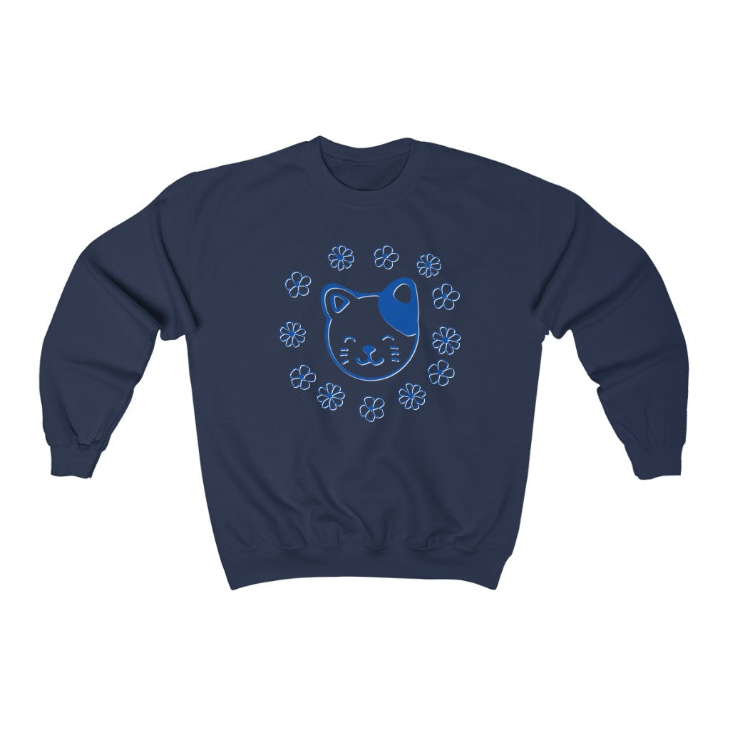 Blue Floral Cat Crewneck Sweatshirt