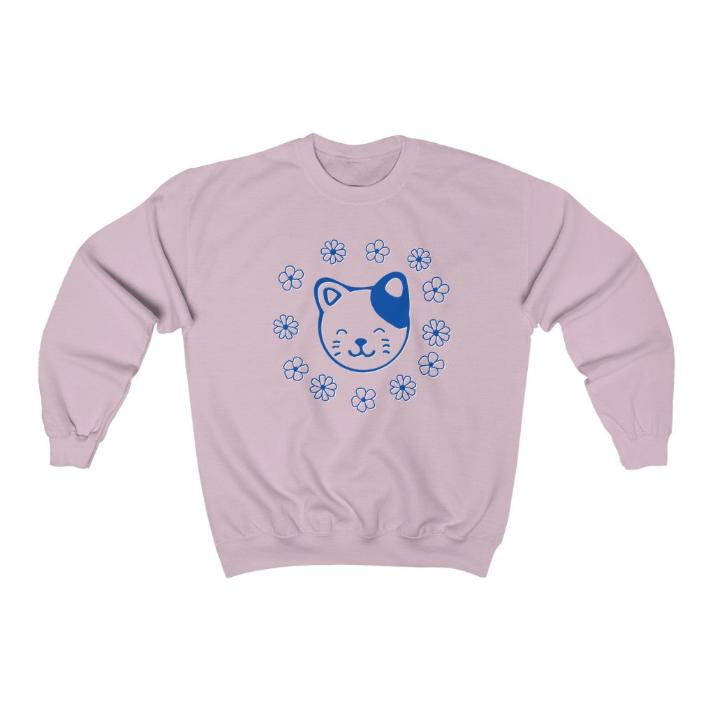 Blue Floral Cat Crewneck Sweatshirt