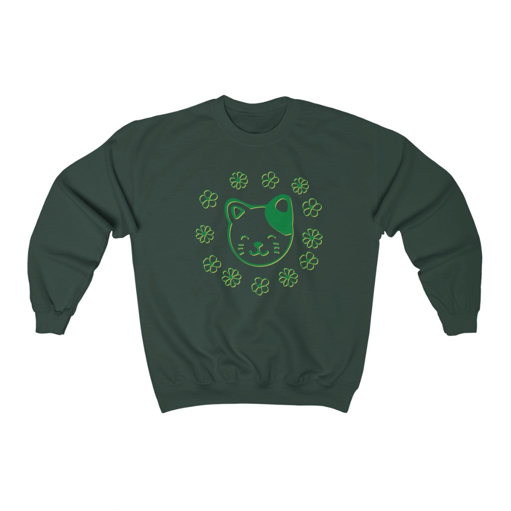 Green Floral Cat Crewneck Sweatshirt