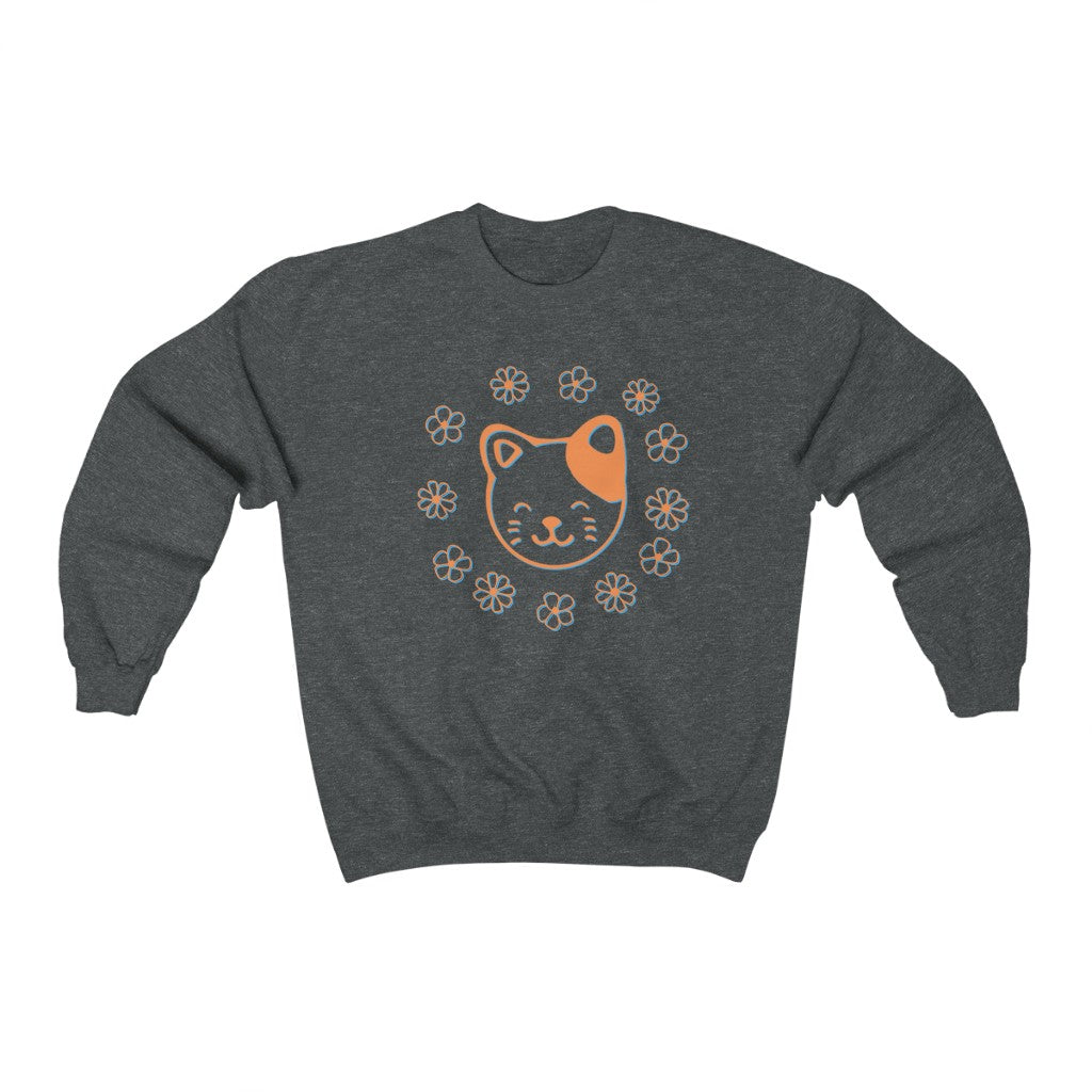 Orange Floral Cat Crewneck Sweatshirt