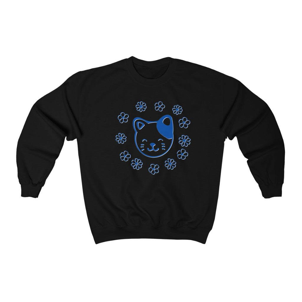 Blue Floral Cat Crewneck Sweatshirt