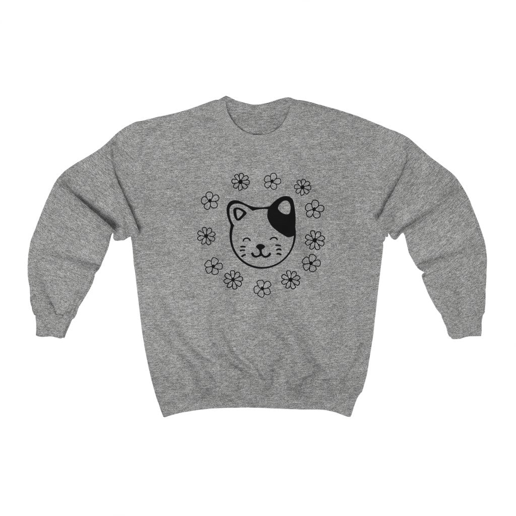 Black and White Floral Cat Crewneck Sweatshirt