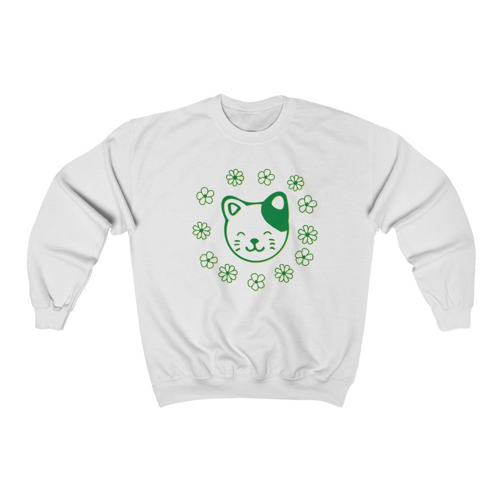 Green Floral Cat Crewneck Sweatshirt