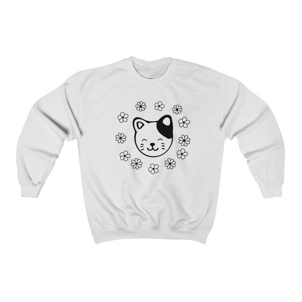 Black and White Floral Cat Crewneck Sweatshirt