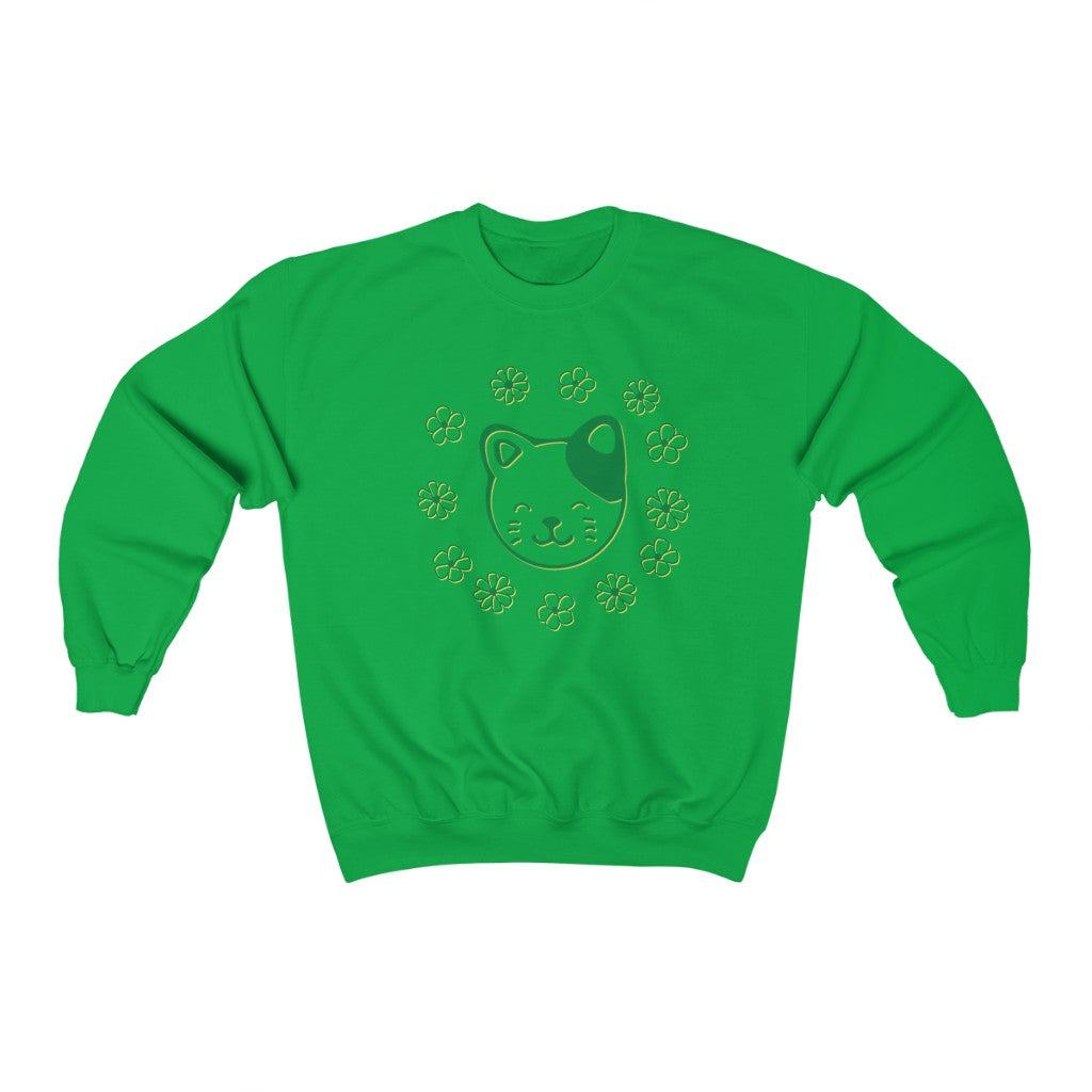 Green Floral Cat Crewneck Sweatshirt