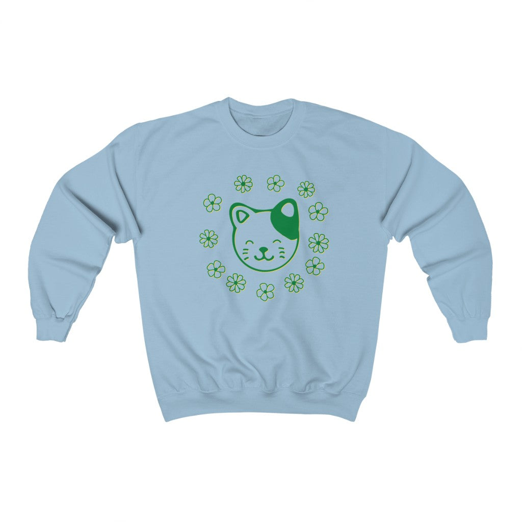 Green Floral Cat Crewneck Sweatshirt