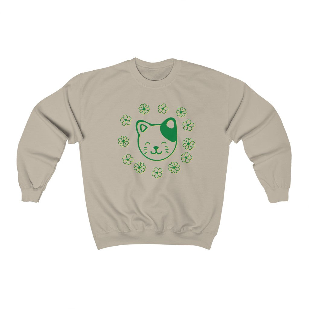 Green Floral Cat Crewneck Sweatshirt