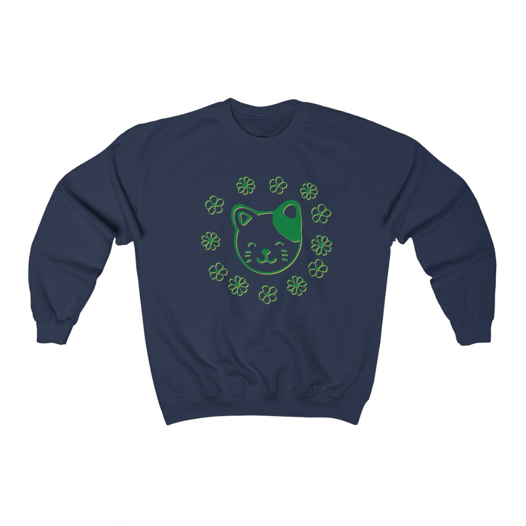 Green Floral Cat Crewneck Sweatshirt