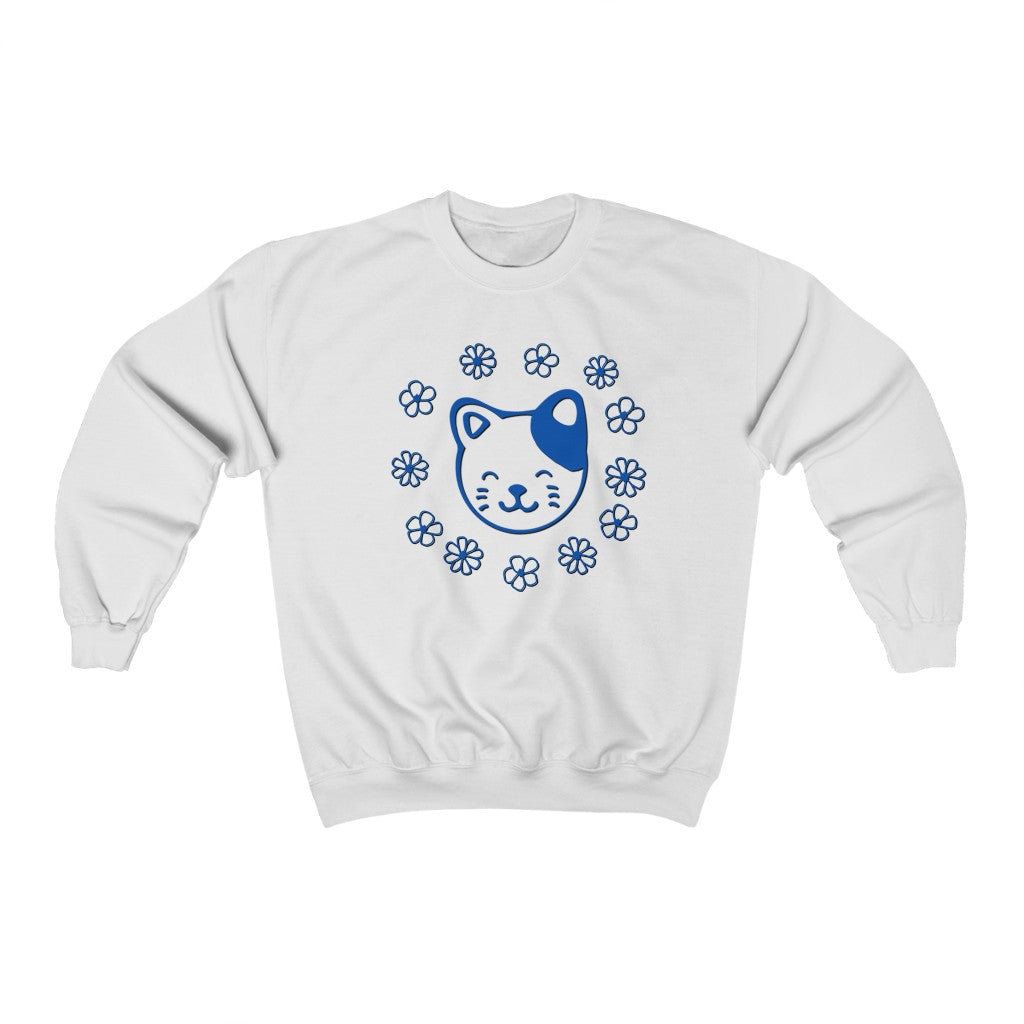 Blue Floral Cat Crewneck Sweatshirt