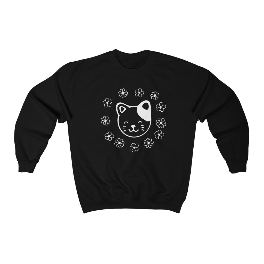 Black and White Floral Cat Crewneck Sweatshirt