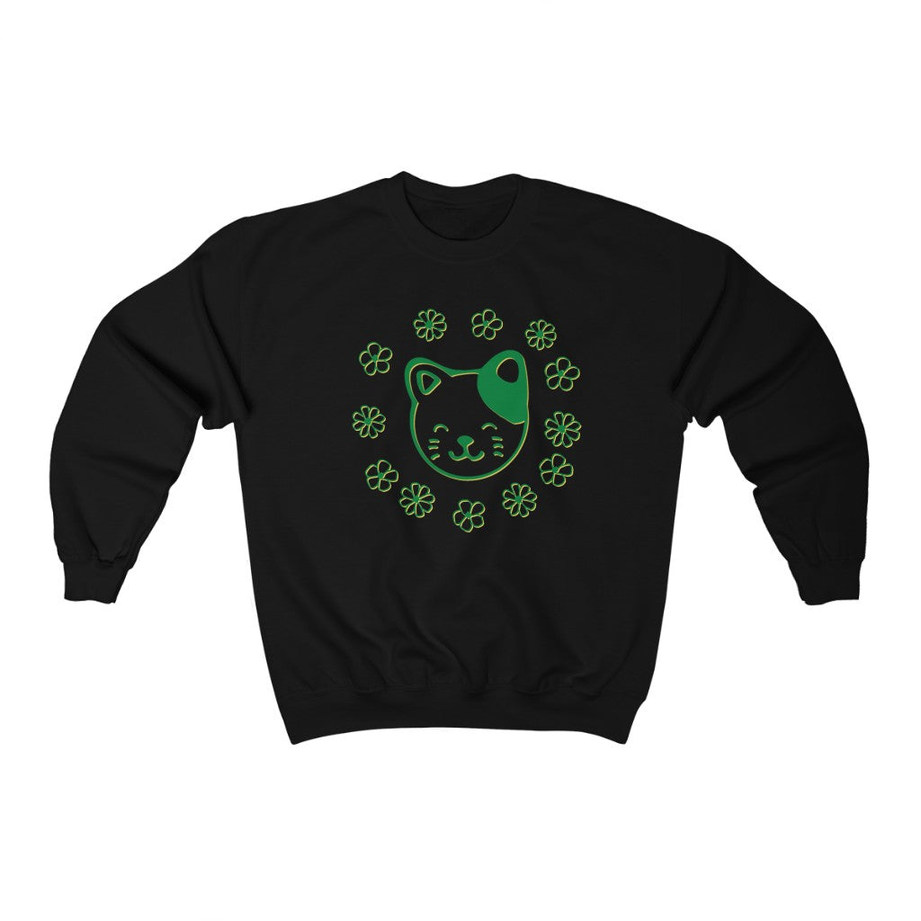 Green Floral Cat Crewneck Sweatshirt